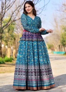 Blue Digital Printed Chanderi Dress