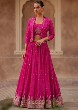 Pink Embroidered Jacket Style Skirt Set