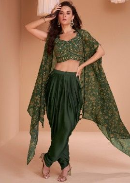 Green Embroidered Jacket Style Top Dhoti Set