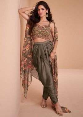 Readymade Brown Embroidered Jacket Style Dhoti Set