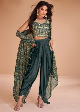 Green Readymade Embroidered Jacket & Dhoti Set