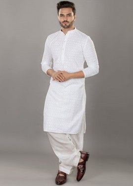 White Embroidered Kurta With Salwar For Mens 