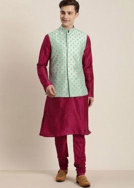 Pink Color Viscose Kurta Pajama With Nehru Jacket