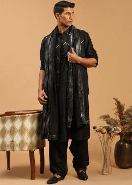 Black Color Viscose Kurta Pajama With Nehru Jacket