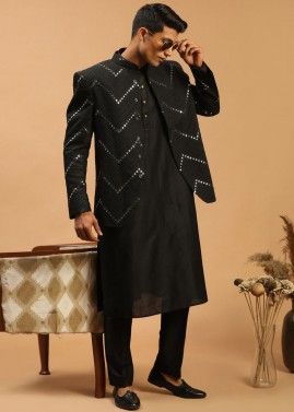 Black Color Viscose Readymade Kurta Pajama & Bandhgala Jacket