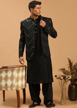 Black Color Viscose Readymade Kurta Pajama & Bandhgala Jacket