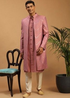 Pink Color Viscose Readymade Sherwani Set