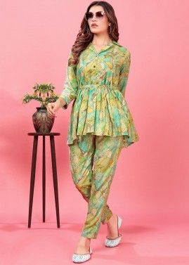 Green Floral Print Co-Ord Set In Rayon