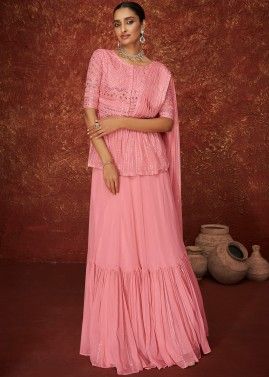 Pink Embroidered Kurti Style Lehenga In Georgette