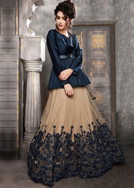 Blue Readymade Embroidered Net Skirt & Top