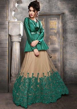 Green Readymade Embroidered Top With Skirt In Net