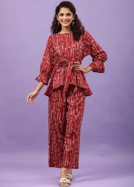 Maroon Printed Co-Ord Set In Cotton