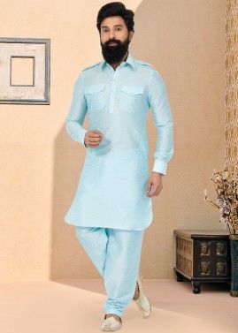 Blue Color Dupion Silk Readymade Pathani Suit