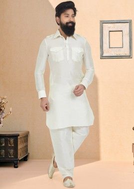 Cream Color Dupion Silk Readymade Pathani Suit