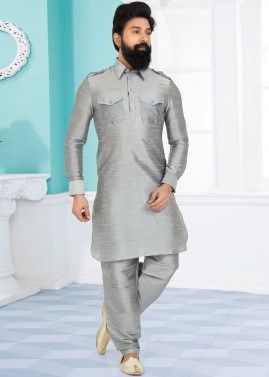 Grey Color Dupion Silk Readymade Pathani Suit