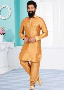 Brown Color Dupion Silk Readymade Pathani Suit