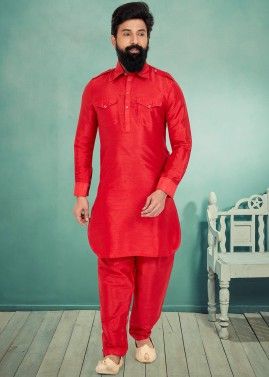 Red Color Dupion Silk Readymade Pathani Suit