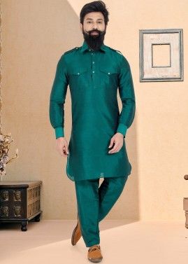 Green Color Dupion Silk Readymade Pathani Suit