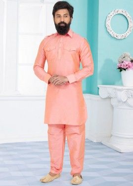 Pink Color Dupion Silk Readymade Pathani Suit
