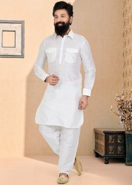 White Color Dupion Silk Readymade Pathani Suit
