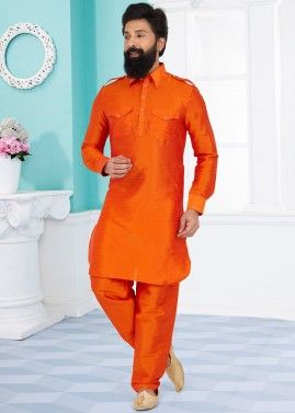 Orange Color Dupion Silk Readymade Pathani Suit