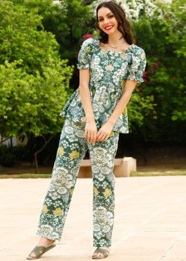 Green Digital Printed Co-ord Set In Cotton