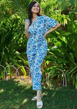 Blue Floral Printed Co-ord Set In Cotton