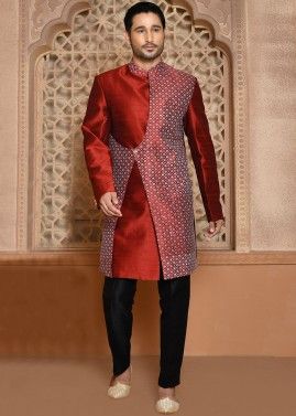 Maroon Asymmetric Jacket Style Indo Western Sherwani