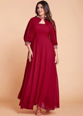 Red Embroidered Dress In Georgette