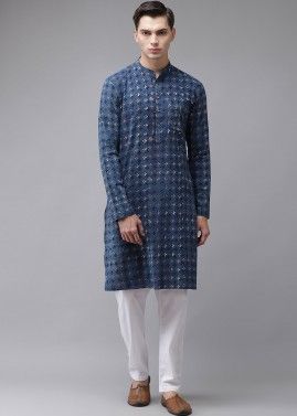 Blue Block Printed Cotton Kurta Pajama