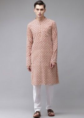 Beige Cotton Kurta Pajama In Printed