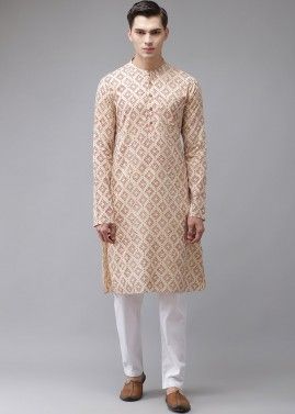 Beige Printed Kurta Pajama In Cotton