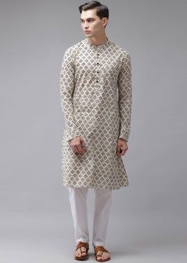 Off-White Printed Kurta Pajama In Cotton