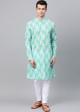 Turquoise Printed Mens Kurta Pajama