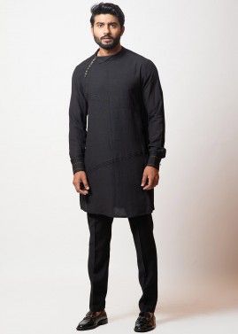 Black Asymmetric Kurta Pajama In Reyon