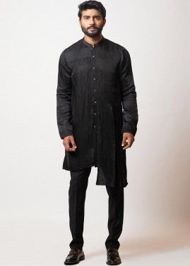 Black Asymmetric Kurta Pajama In Satin