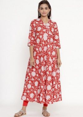 Red Floral Print Kurta In Cotton
