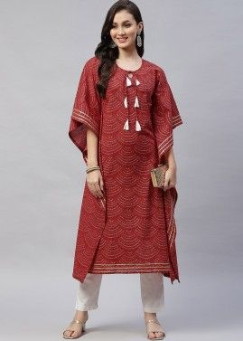 Readymade Red Printed Kaftan In Cotton