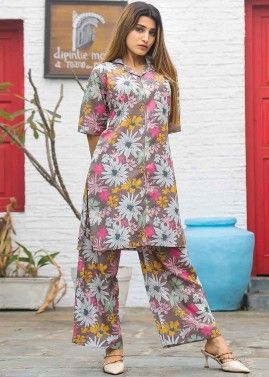 Brown Cotton Co-Ord Set In Floral Print