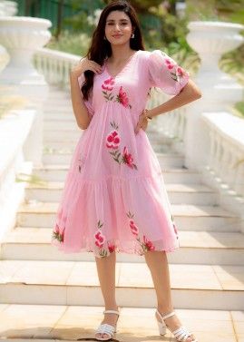 Pink Cotton Dress In Floral Print