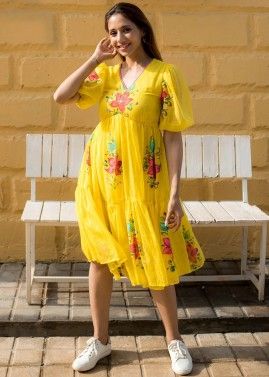 Yellow Floral Printed Dress In Cotton