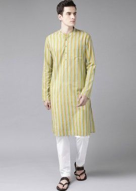 Yellow Stripes Printed Mens Kurta Pajama
