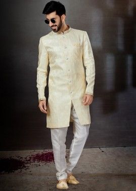 Cream Woven Mens Indo Western Sherwani Set