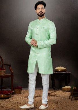 Green Embroidered Indo Western Sherwani For Men