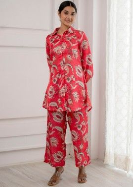 Red Cotton Co- Ord Set In Digital Print