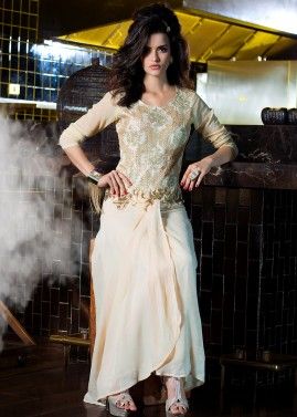Cream Sequins Embroidered Dress In Georgette