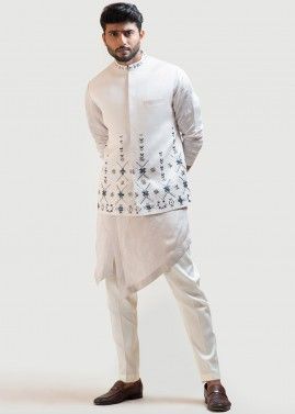 Cream Asymmetric Kurta Pajama & Embroidered Nehru Jacket