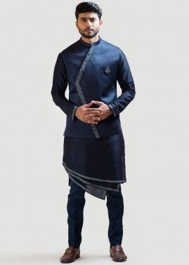 Blue Embroidered Readymade Kurta Pajama & Nehru Jacket
