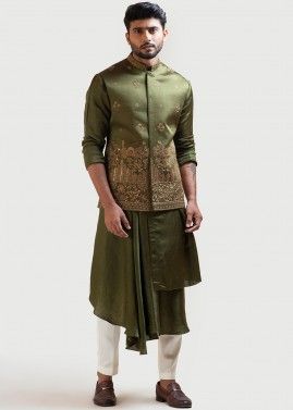 Green Draped Kurta Pajama & Nehru Jacket