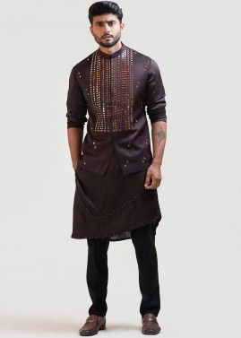 Brown Asymmetric Mens Kurta Pajama & Nehru Jacket